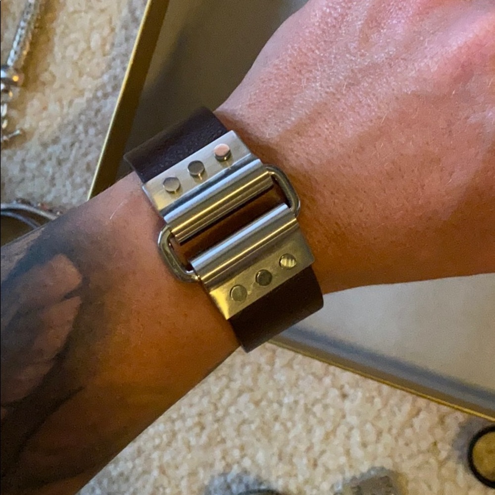 Brown genuine leather cuff with stainless steel